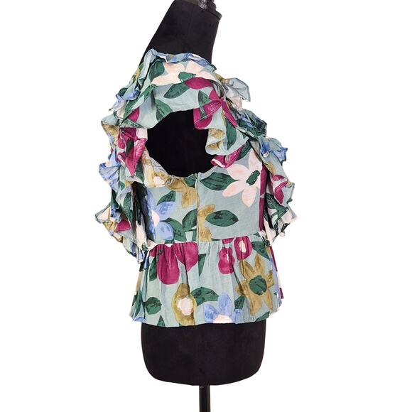 ENTRO Floral Peplum Top with Ruffled Sleeves, Size Medium - Picture 2 of 10